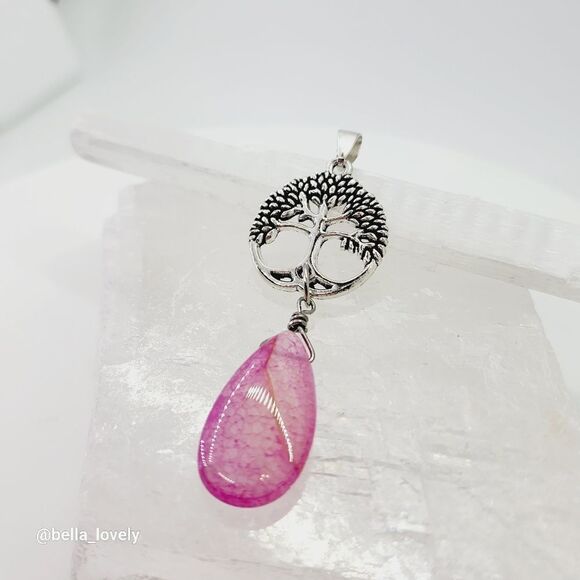 Peach Dragon Veins Agate Teardrop Tree Of Life Handmade Pendant 2.72" - Picture 4 of 8